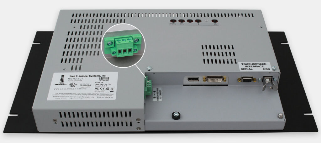15" Rack Mount Industrial Monitors and IP20 Rugged Touch Screens, DC cable exit view