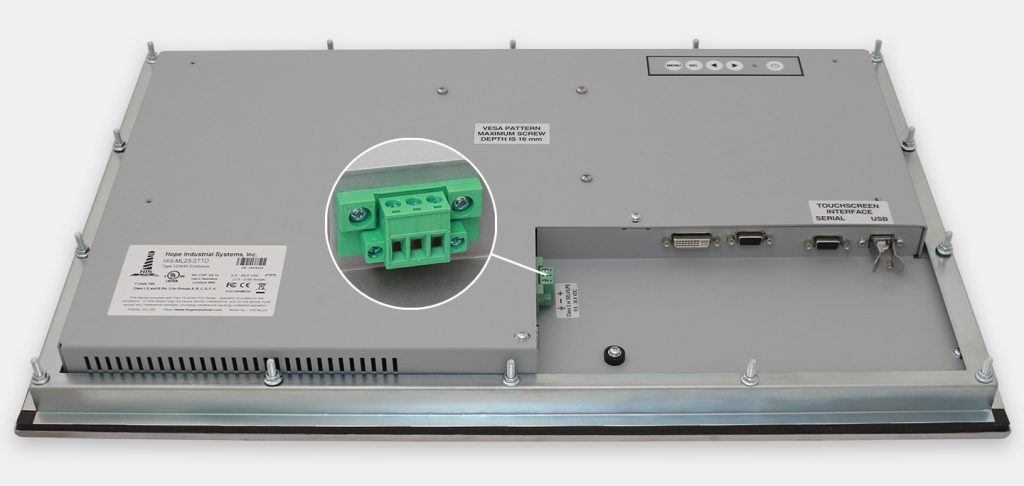 23" Widescreen Panel Mount Industrial Monitors and IP65/IP66 Rugged Touch Screens, DC cable exit view