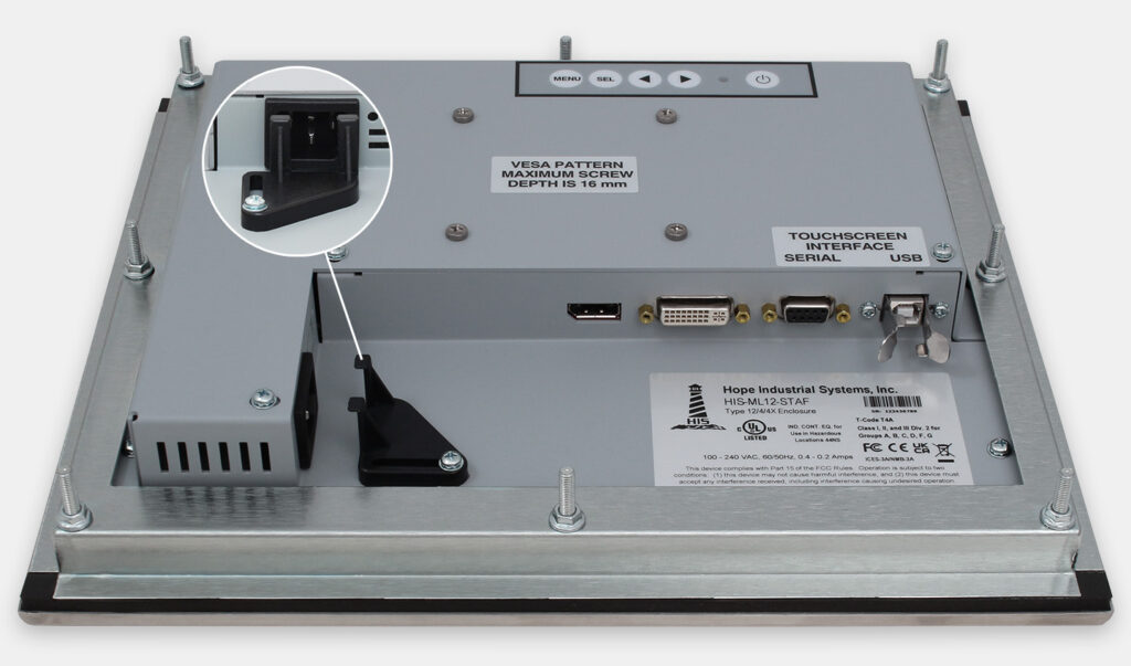 12" Panel Mount Industrial Monitors and IP65/IP66 Rugged Touch Screens, AC cable exit view