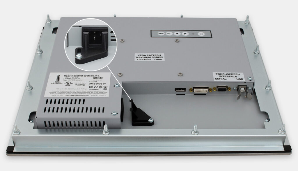 15" Panel Mount Industrial Monitors and IP65/IP66 Rugged Touch Screens, AC cable exit view