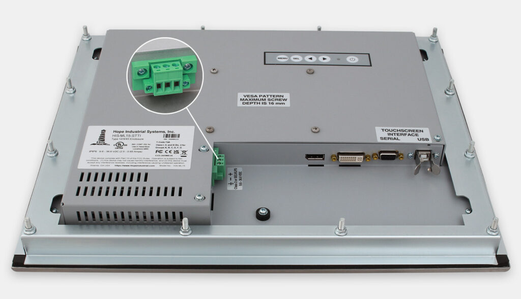 15" Panel Mount Industrial Monitors and IP65/IP66 Rugged Touch Screens, DC cable exit view