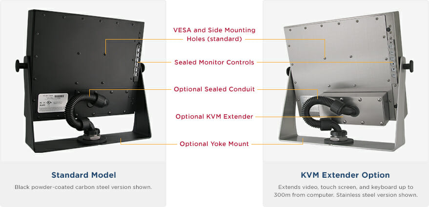 Rear views of IP65/IP66 Rated 17" Universal Mount Monitors showing Industrial Enclosure features and options