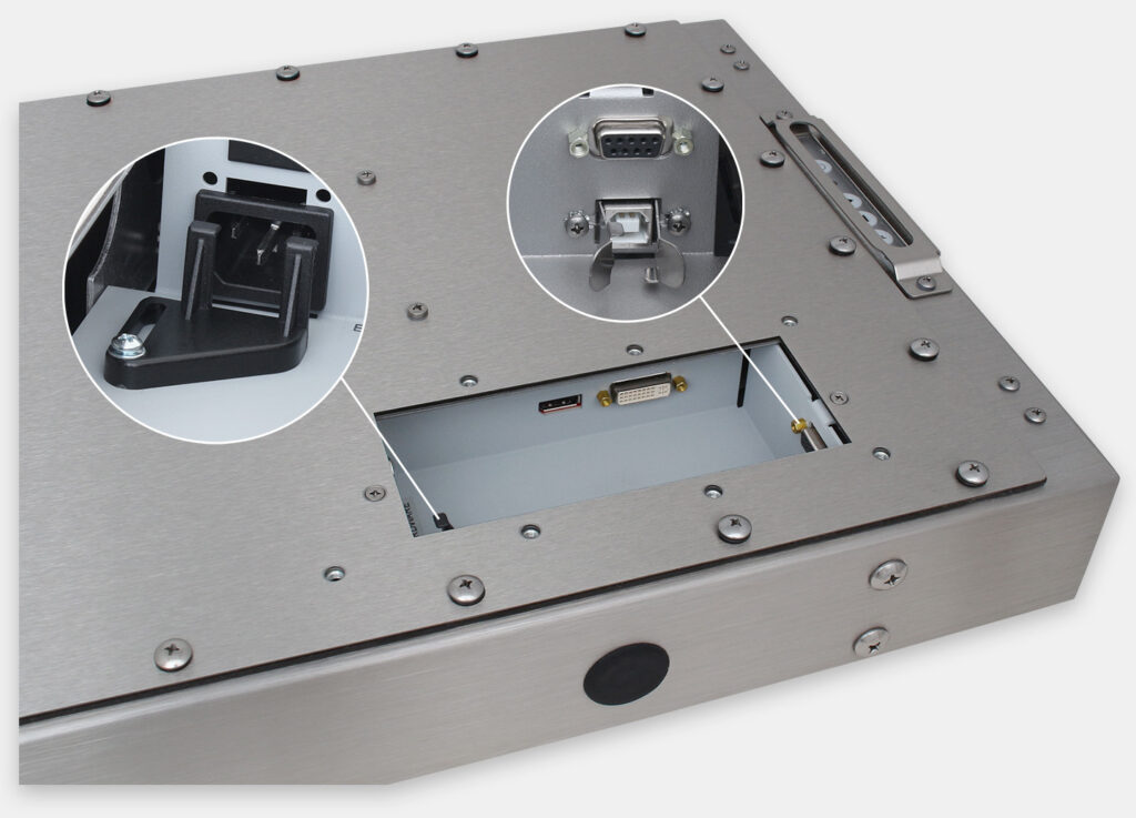 22" Universal Mount Industrial Monitors and IP65/IP66 Rugged Touch Screens, AC cable exit view