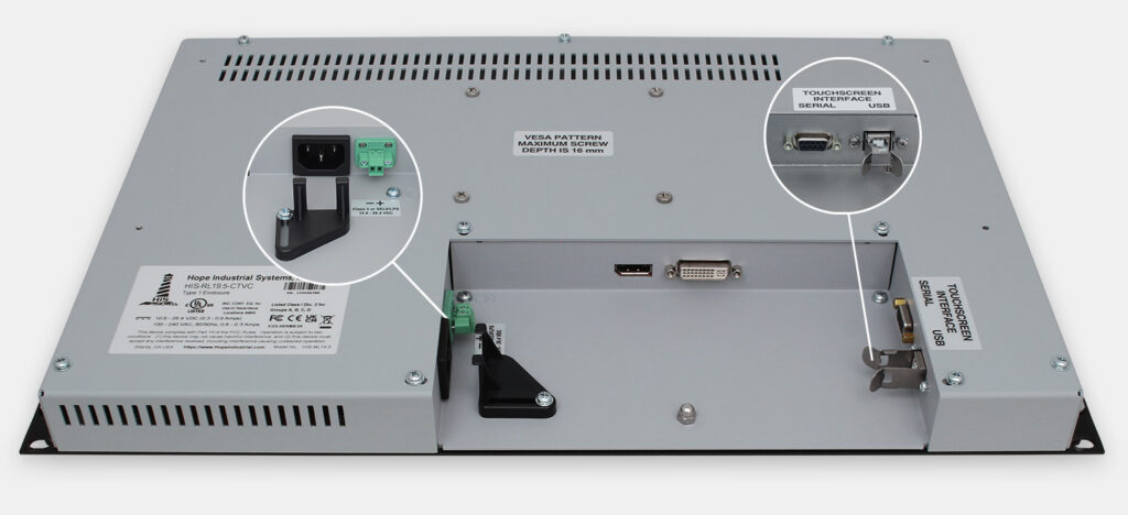 19.5" Widescreen Rack Mount Industrial Monitors and IP20 Rugged Touch Screens, Cable Exit view