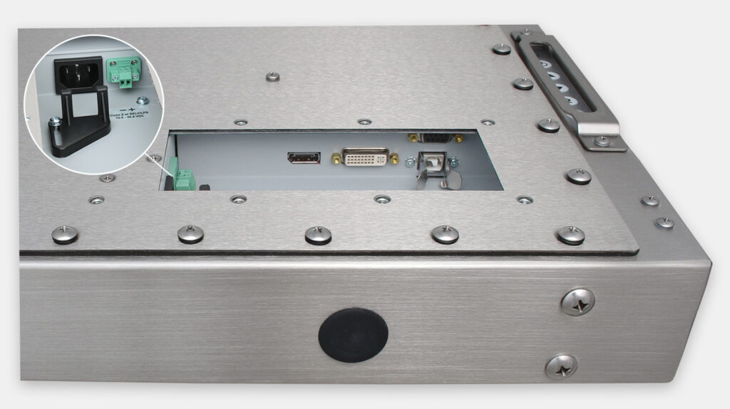 19" Universal Mount Industrial Monitors and IP65/IP66 Rugged Touch Screens, cable exit view